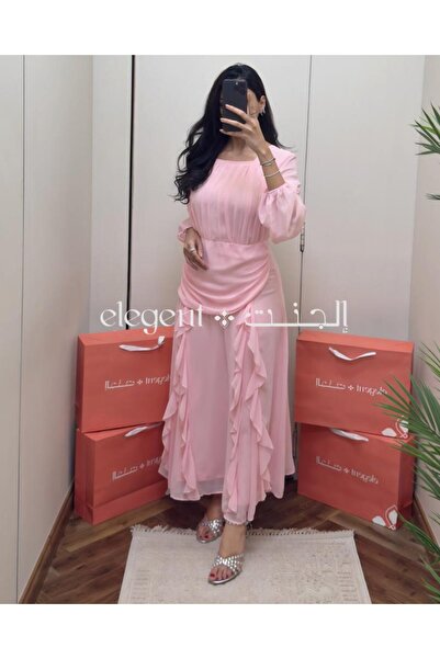 Elegent فستان شيفون وردي بكسرات ناعمة وطيات أنيقة