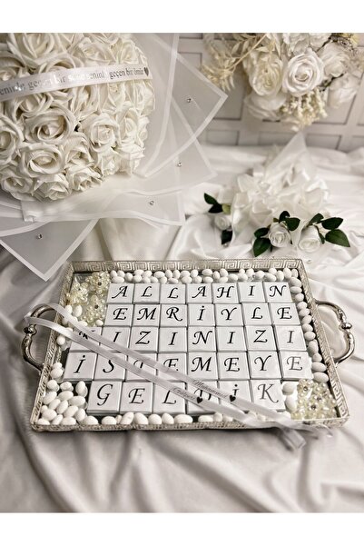 m ticaret Gümüş Tepside Kız İsteme Çikolatası ve 41li Beyaz Kadife Nişan Buke...