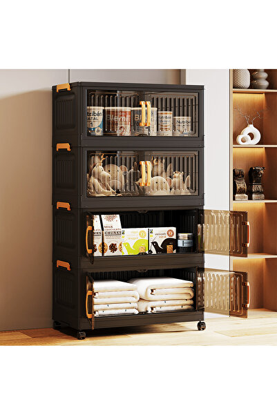 Generic 4-Tier 60cm Wide Black Plastic Storage Cabinet with Wheels & Handles