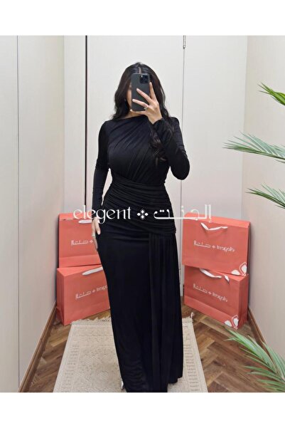 Elegent فستان سهرة أسود استرتش بلمسة درابيه وأكمام طويلة