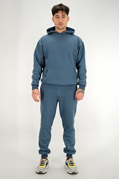 Souris Men's Petrol Blue Relaxed Fit Tracksuit Set 3 Thread Fleece-Lined Thic...