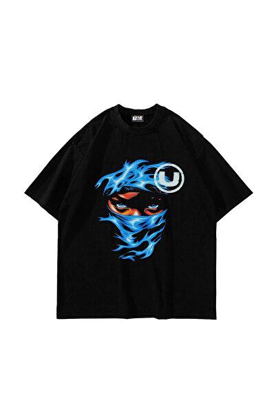 Sekizbiraltı Blue Flame Printed Oversized Unisex Black Tshirt