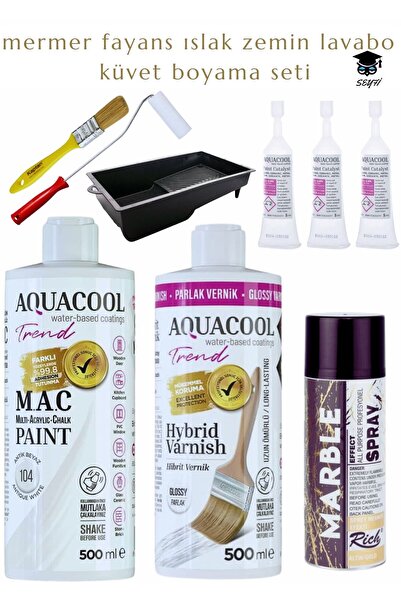 Aquacool Trend Antik beyaz mermer fayans ıslak zemin lavabo boyama seti Altın Mermer efekti 500 ml vernik ve boya