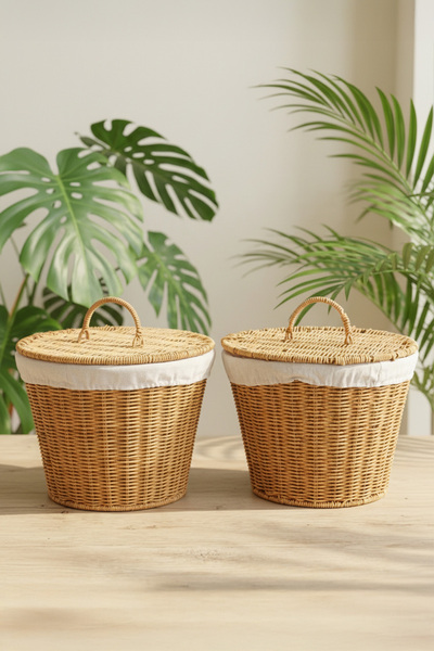 Digithome 2'li Yuvarlak Rattan Hasır Patates Soğan Sarımsak Meyve Sepeti Düzenleyici Organizer -9T02