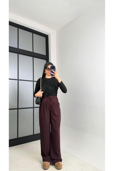 Gaus Plum Imported Fabric Pants with Elastic Waistband Gaus-00869
