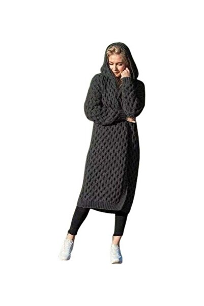 Generic Women Winter Long Knitted Hoodie Cardigan - Loose Warm Sweater Coat (Black/Grey)