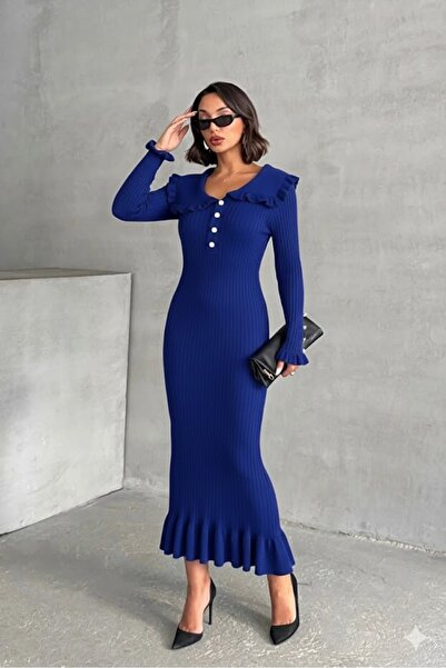 BLUSS Ruffle Detailed Pearl Buttoned Knitwear Dress - Brown-Green-Blue-Beige