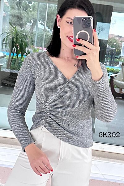 İnce Topuk Drawstring Ribbed Knit Yumoş Blouse 6K302