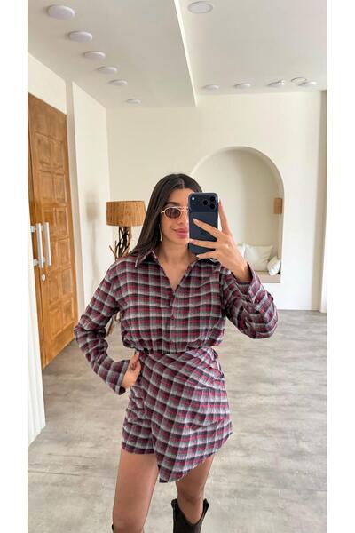 Gaus Burgundy Buttoned Plaid Patterned Equivalent Shirt Dress Gaus-00877