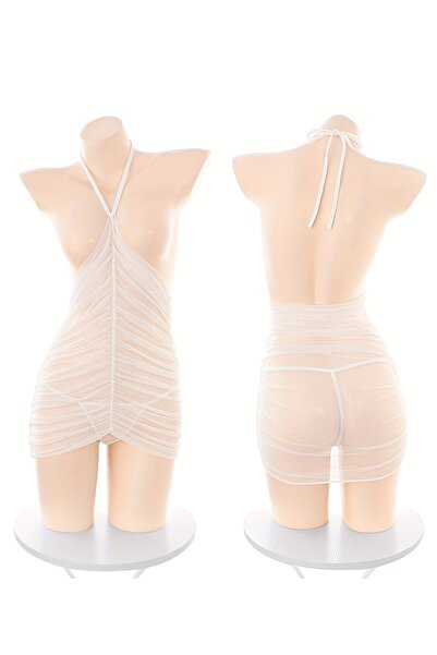 JInsh فستان نوم نسائي مثير مفتوح الصدر من الدانتيل الشفاف مع رقبة على شكل حرف...