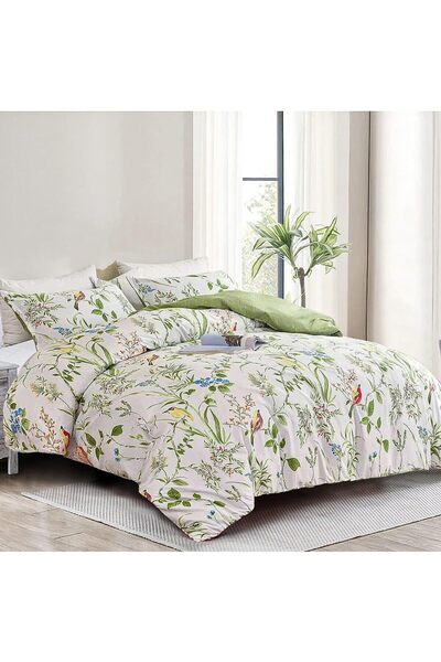 Luofanfei Duvet Cover 220x240 cm Green Floral Leaves & Birds Microfibre Double Set with 2 Pillowcases 65x65