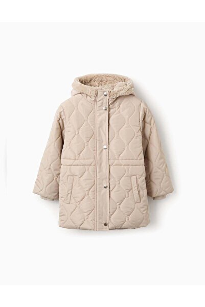 Ziddy Medium Length Padded Parka with Hood for Girls, Beige