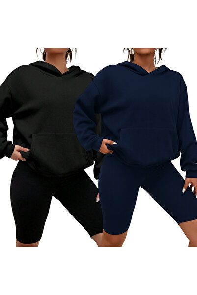 NAKRUF Black and Navy Blue 2-Piece Hooded Oversized Sweatshirt Without Print ...