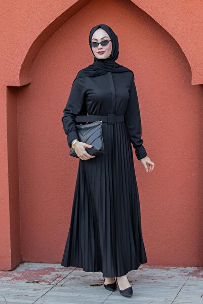 Tesettür Çarşım Piliseli Kemerli Çelik Örme Elbise-Siyah