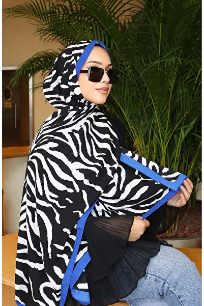 sefamerve Zebra patterned capri shawl 70348-03 Cobalt black