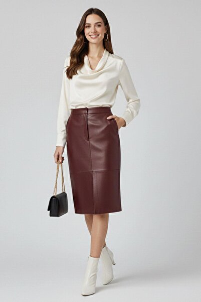 Deriderim Burgundy Lina Midi Genuine Leather Women's Skirt with Slit Detail