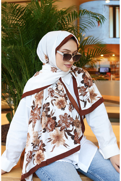 sefamerve Şal Capri cu Motive Florale 70346-06 Maro Ecru