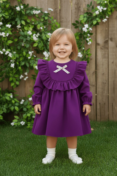 Bertuğ Bebek Fırfır Ve Kurdele Detaylı Mor Krep Kız Çocuk Bebek Elbise