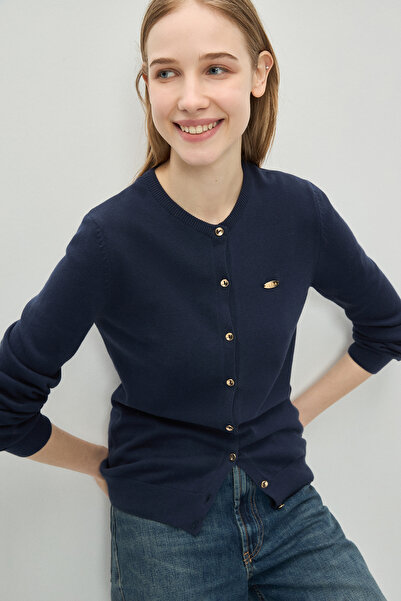 UCLA Nova Navy Blue Crew Neck Standard Fit Women's Cardigan with Metal Logo