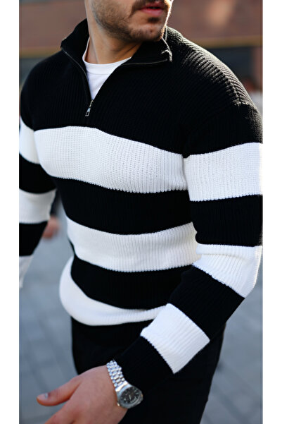 buğrahayalin Men's Stripe Color Patterned Zip Collar Sweater