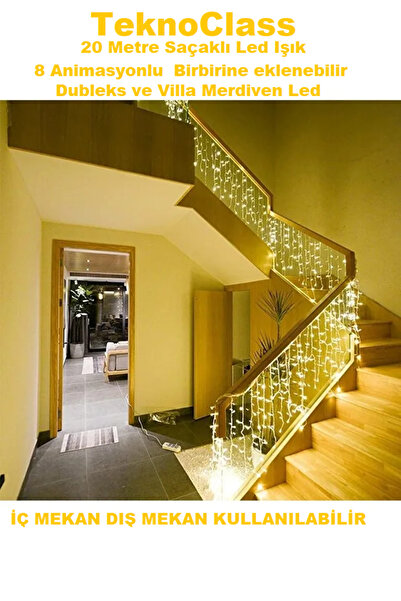 TeknoClass 20 Metre Saçaklı Led Işık 8 Animasyonlu Eklenebilir Dubleks ve Vil...