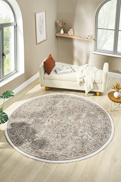 venucci home & living Frezia Floral Bambu Polyester Oturma Odası Salon Mutfak Halısı Eskitme Çiçekli Vintage Halı