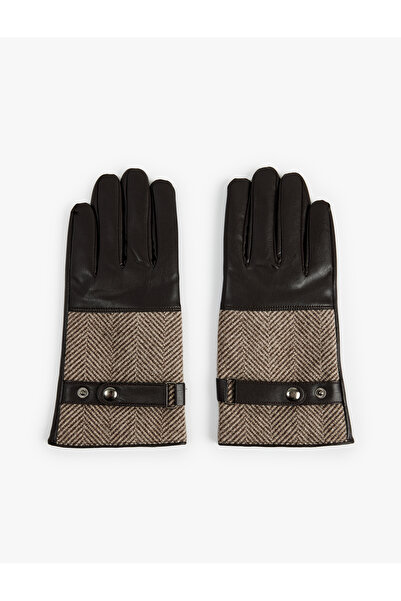 Koton Faux Leather Gloves with Snap Buttons and Herringbone Pattern Fabric Detail