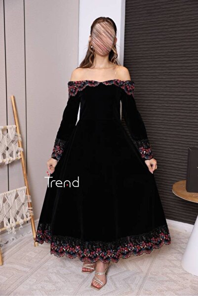 TREND long-sleeved embroidered velvet dress