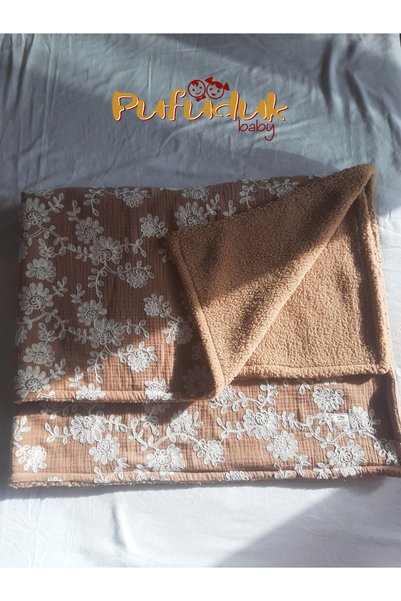 Pufuduk Baby Luxury Brode Embroidered Muslin Baby Blanket with Fur Inside