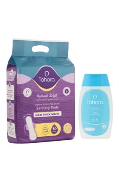 Tahara فوط صحية من قطن للطبقة العليا ماكسي سميك طويل - كبير 30 حبة وغسول حميم...