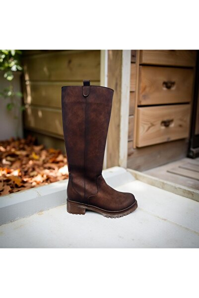 Asyagiyimavm Hakiki Deri Diz Altı Uzun Bot Kalın Traktör Taban Kışlık Çizme