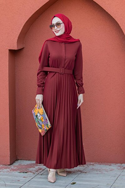 Tesettür Çarşım Piliseli Kemerli Çelik Örme Elbise-Bordo