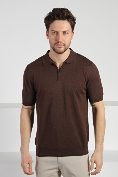 Ferraro Brown Polo Neck Zippered Men's Cotton Knitwear T-Shirt