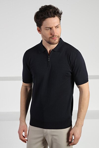 Ferraro Navy Blue Polo Neck Zippered Men's Cotton Knitwear T-Shirt