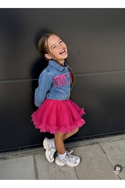 aynuraa Jachetă de blugi cu detaliu cu ciucuri, fustă tutu, set de 2 piese, roz