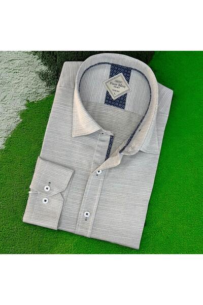 OwenLife قميص من قماش بيتكلي قصة ضيقة من أوين لايف، ياقة قميص، أزرار من الأسفل