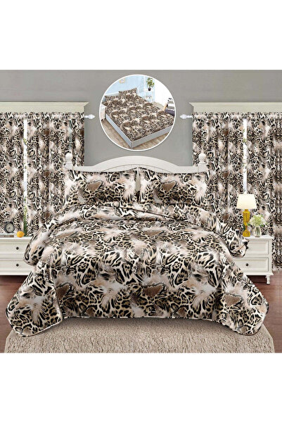 trendyhome Lenjerie de pat dublă, bumbac fin, 6 piese, cu cearșaf cu elastic + perdele, imprimeu animal, crem/bej/maro