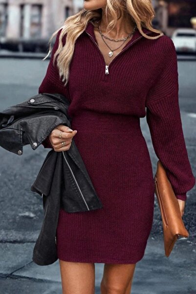 Mossta Zippered Collar Knitwear Dress Knitted Mini Dress - Burgundy