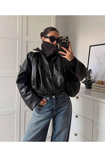 TRİNİTY Oversized Zippered Black Faux Leather Jacket