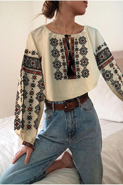 FEMELLE Women's Beige Collar Tassel Balloon Sleeve Embroidered Cotton Blouse