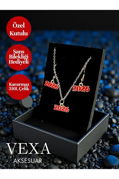 Vexa Aksesuar Özel Kutulu 2026 Şans Bereket Kararmaz 316L Çelik Kolye Küpe Seti