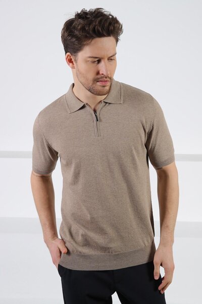 Ferraro Tricotaj din bumbac pentru bărbați, cu guler polo, cu fermoar, bej tr...