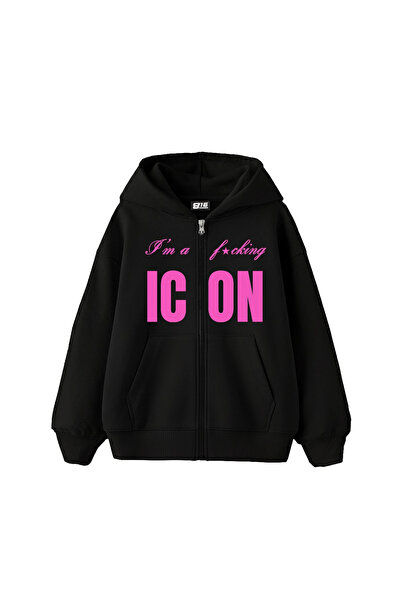 Sokak Butik ICON Baskılı Fermuarlı Zip Kapüşonlu Unisex Siyah Sweatshirt