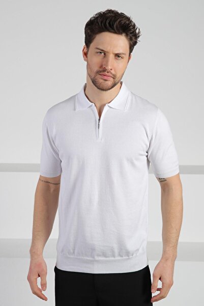 Ferraro White Polo Neck Zippered Men's Cotton Knitwear T-Shirt