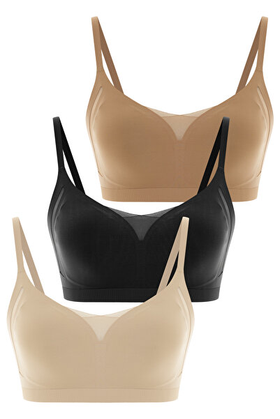 HNX Stitch-Free Balensiz Tulle Detailed Detachable Padded Bralette Shaping / Sculpting Bra Set 3-Pack