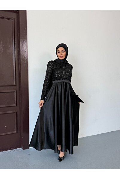 ADİL GÜNER SİYAH PUL PAYET DETAYLI TESETTÜR ABİYE