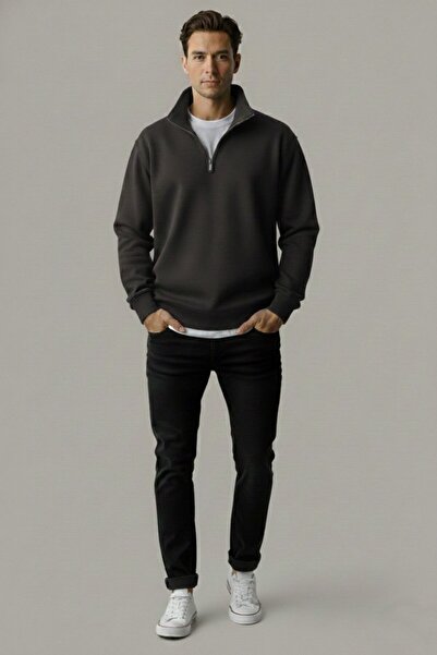 Wkm Denim Hanorac pentru bărbați cu jumătate de fermoar guler ridicat Confort...