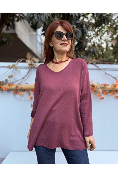 DenizEge Italian Knitwear V-Neck Leopard Pattern Inside Plum