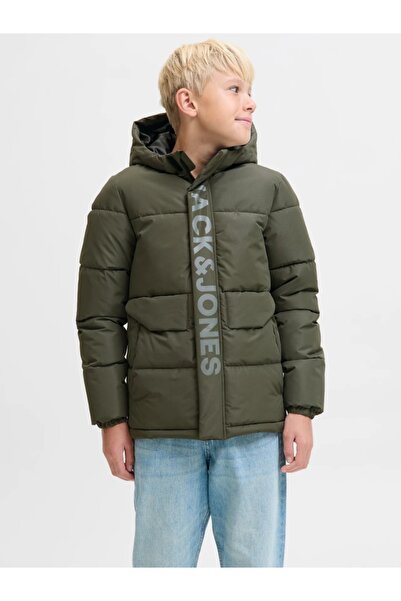 Jack & Jones Boys' PUFFER jacket, with double closure, hood and logo print, Green