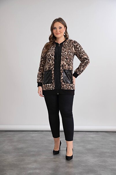 QUAWEAR Cardigan cu fermoar, model leopard, paiete, buzunar din tul, brodat cu pietre P bumbac moale